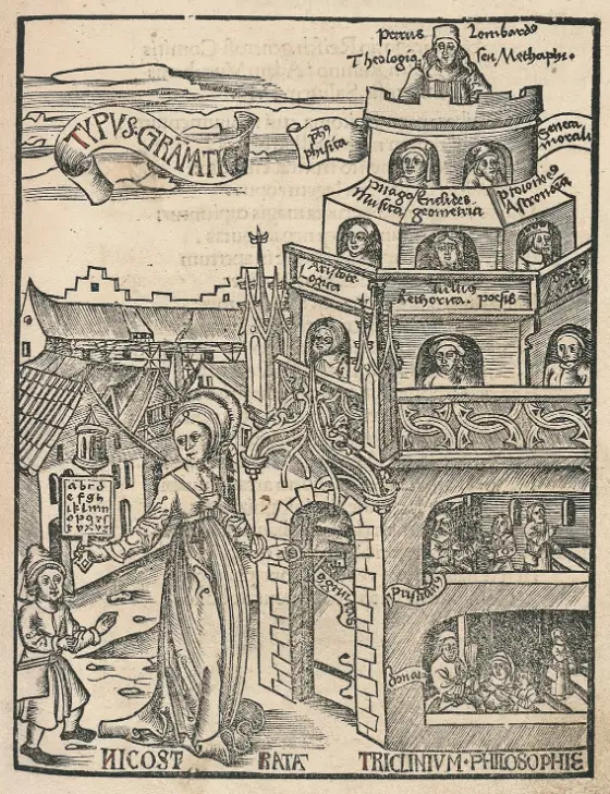 A woodcut. A woman holding an alphabet tablet unlocks the door of a tall tower while a boy looks on; scholars look out from its windows, each labelled with an art, up to Peter Lombard at the battlements.